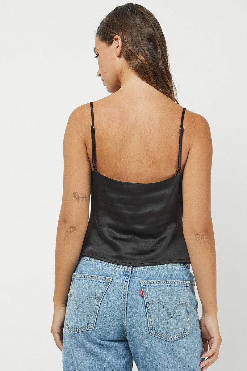 Tie Front Satin Tank, Black