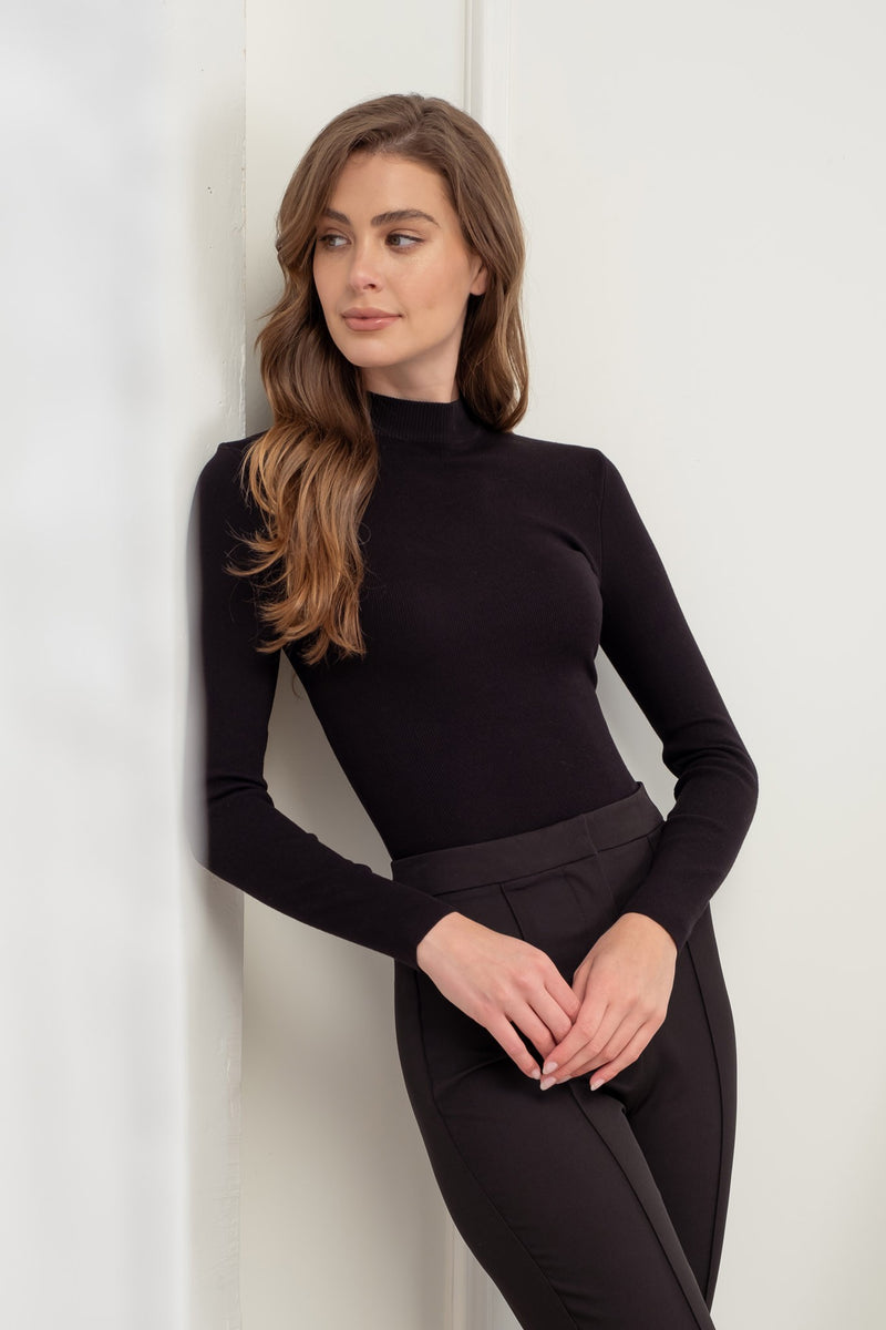 Mock Neckline Long Sleeve Sweater, Black