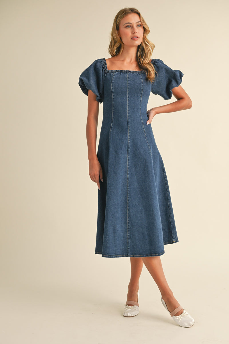 Off Shoulder Denim Puff Sleeve Midi Dress, Denim