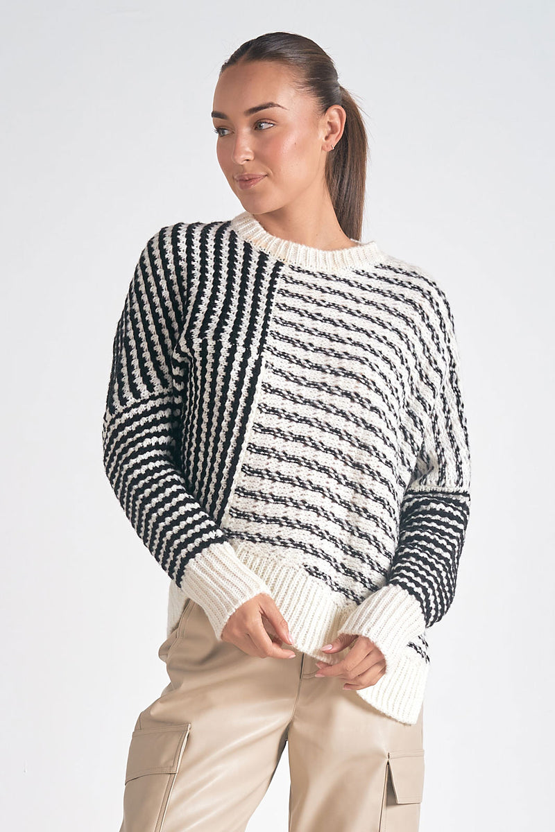 Striped Asym Hem Sweater, Black/White