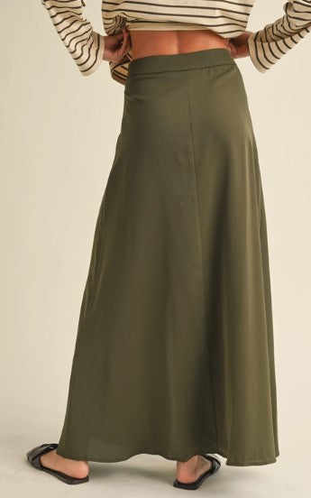 Button Detail Satin Skirt, Olive