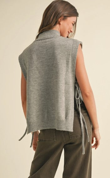 Turtleneck Sleeveless Sweater with Ties, Grey