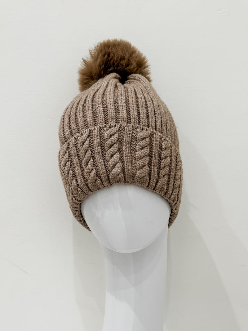 Cable Knit Beanie with Faux Pom, Taupe