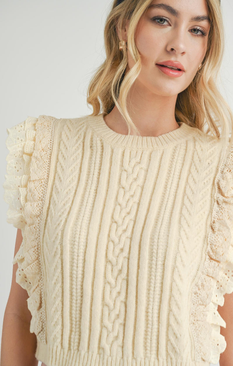 Vicki Lace Ruffles Sweater Tank, Cream