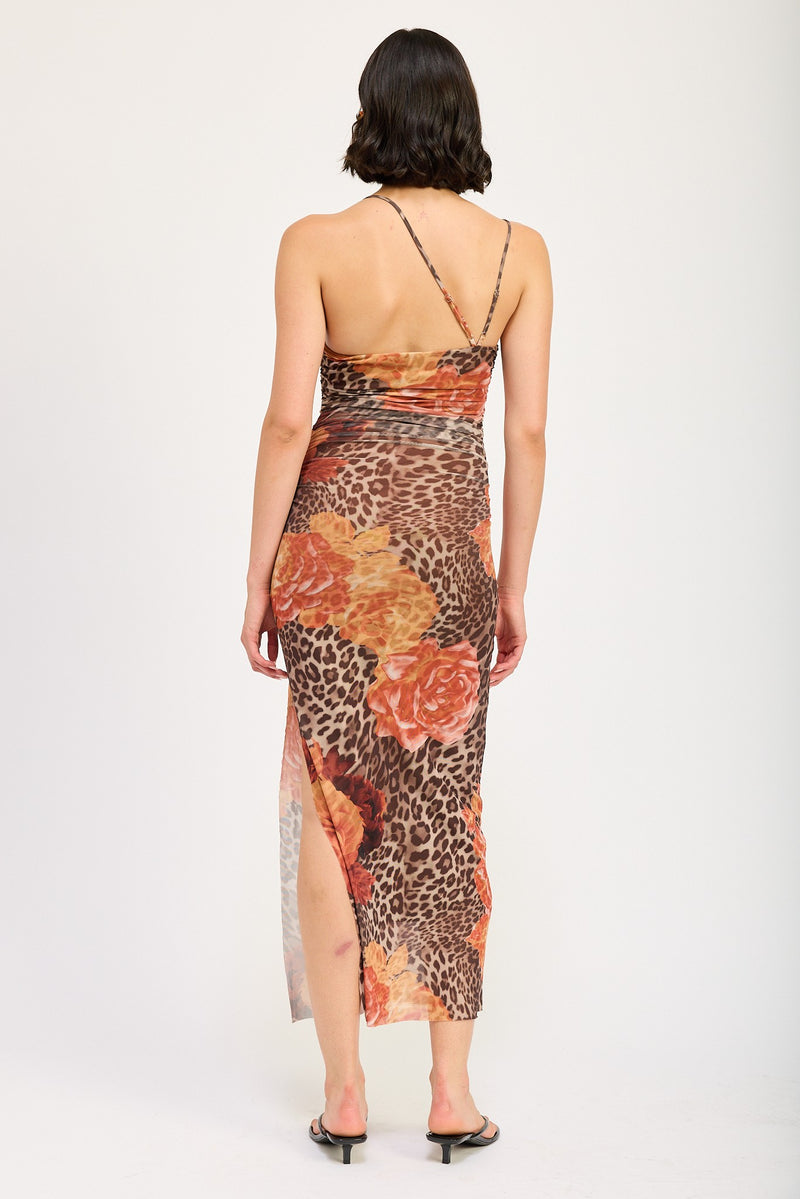 Mesh Print One Shoulder Midi Dress, Leopard/Orange