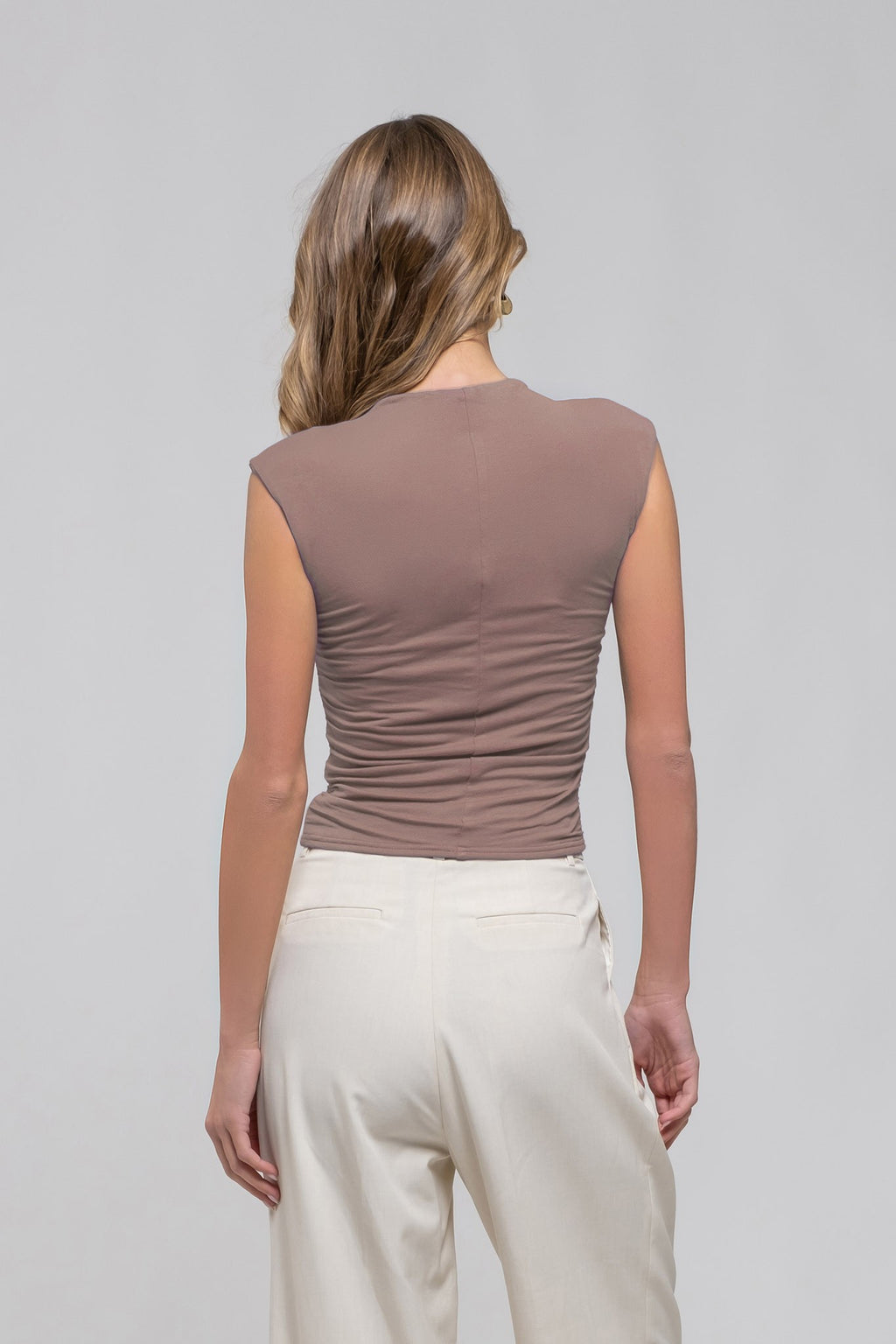 Sleeveless High Neck Knit Top, Taupe
