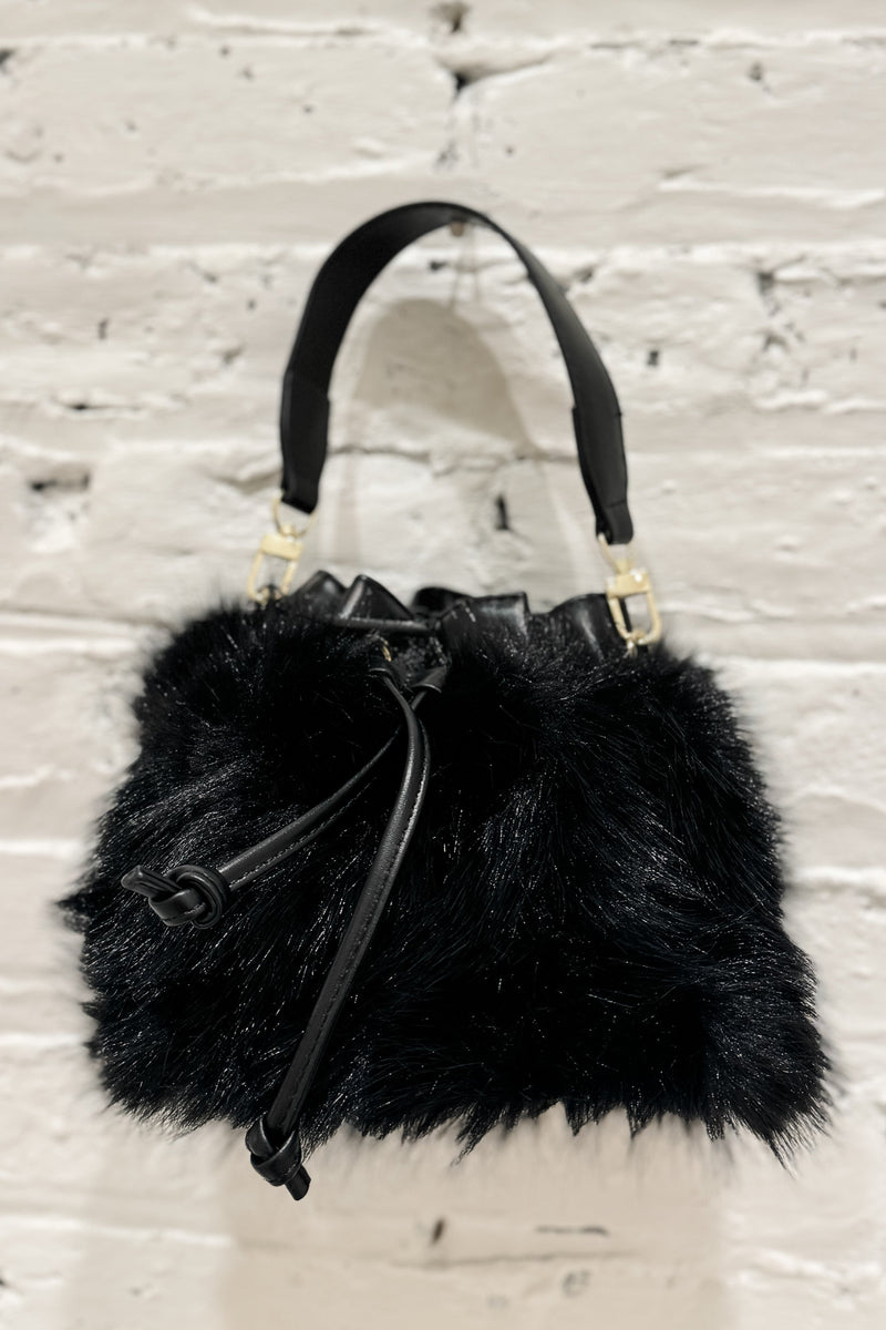 Mini Faux Fur Bucket Bag, Black