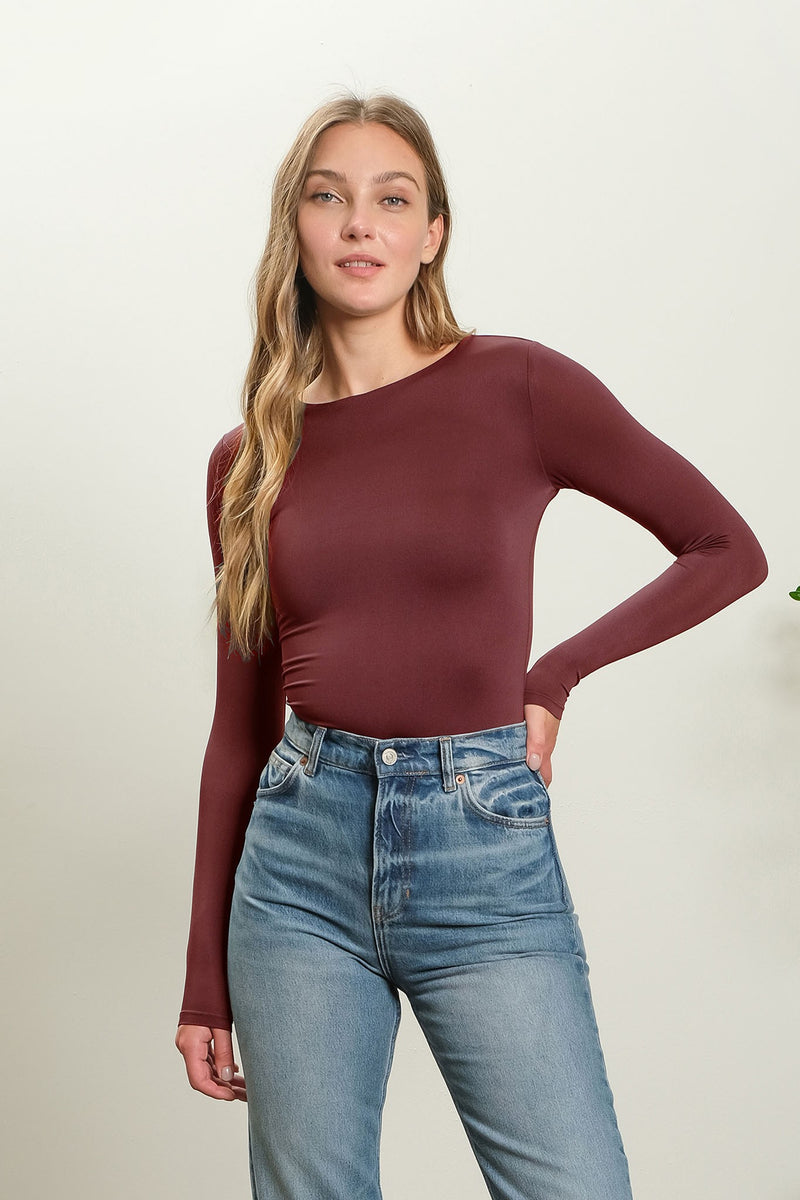 Long Sleeve Round Neck Fitted Knit Top, Maroon