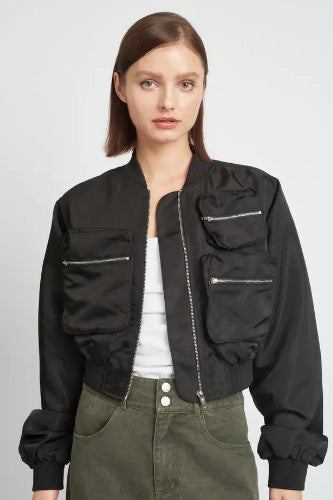 Cropped Bomber Jacket w Pocket Detail, Black