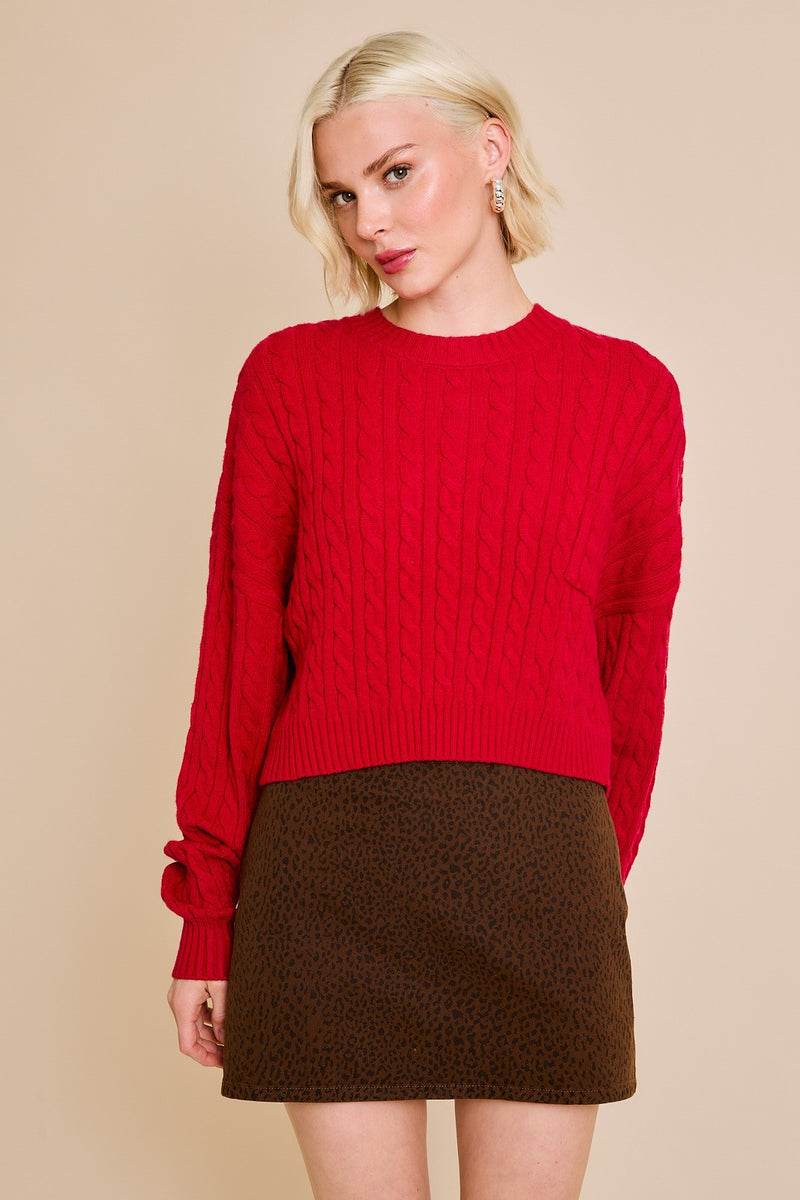 Long Sleeve Pocket Cable Knit Sweater, Red