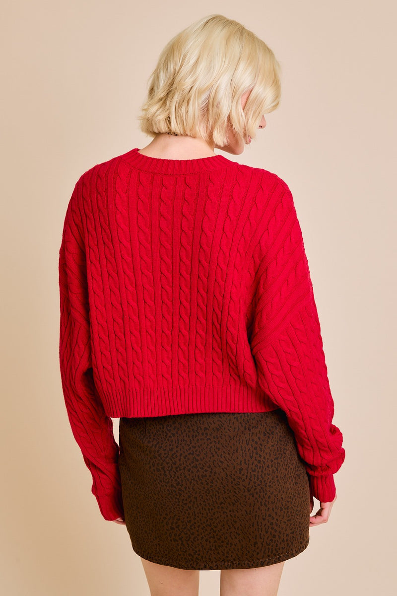 Long Sleeve Pocket Cable Knit Sweater, Red