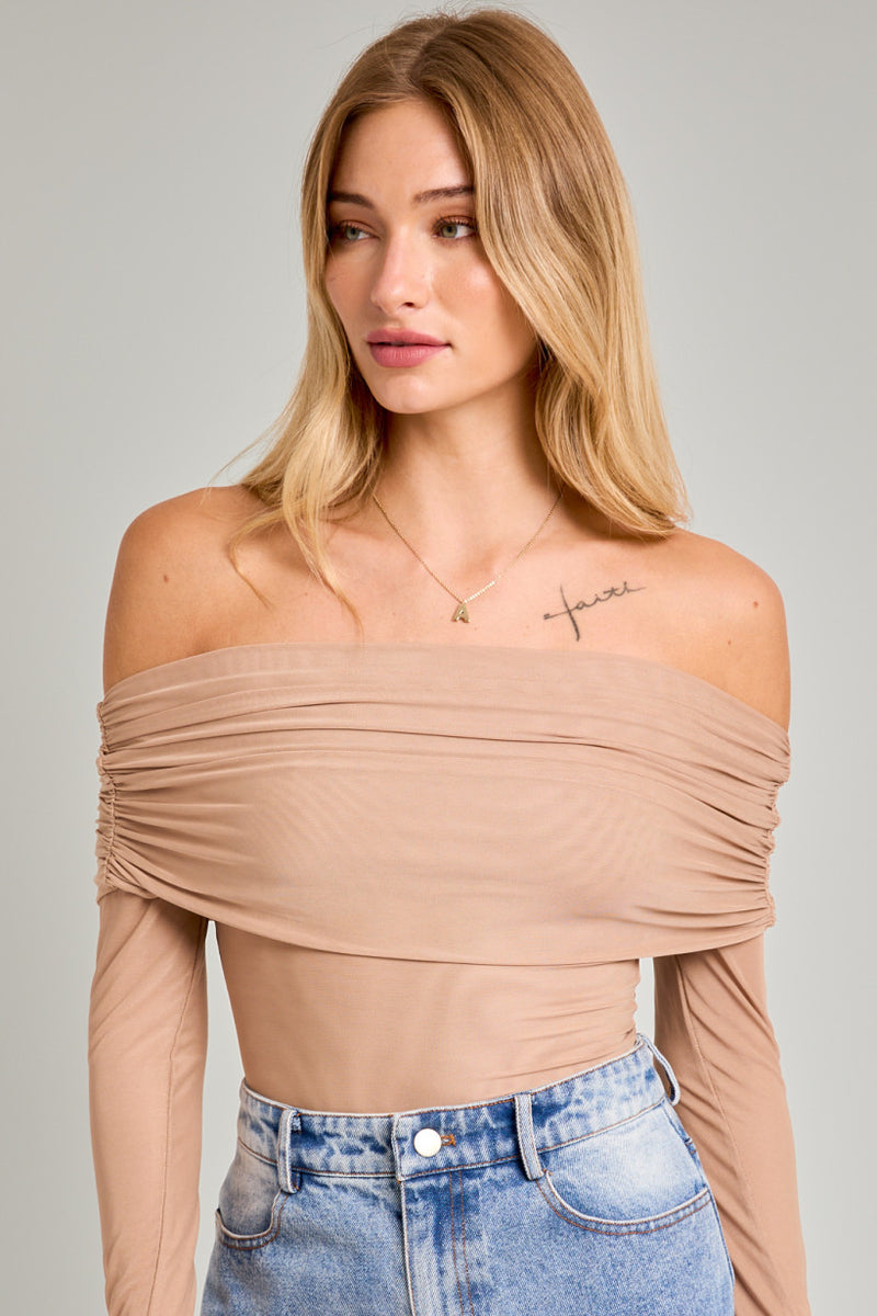 Off Shoulder Mesh Bodysuit, Taupe