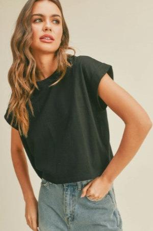 Short Sleeve Cuff Knit Top, Black