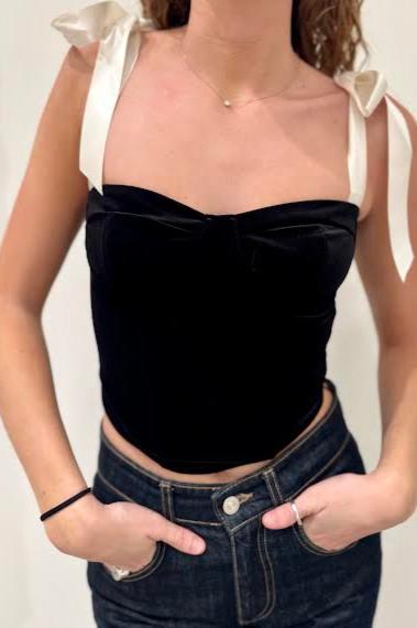 Satin Strap Velvet Bustier Top, Black