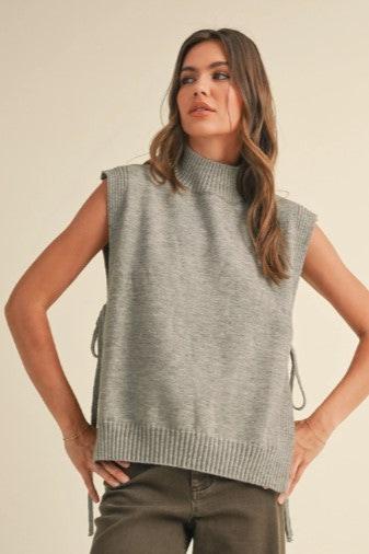 Turtleneck Sleeveless Sweater with Ties, Grey