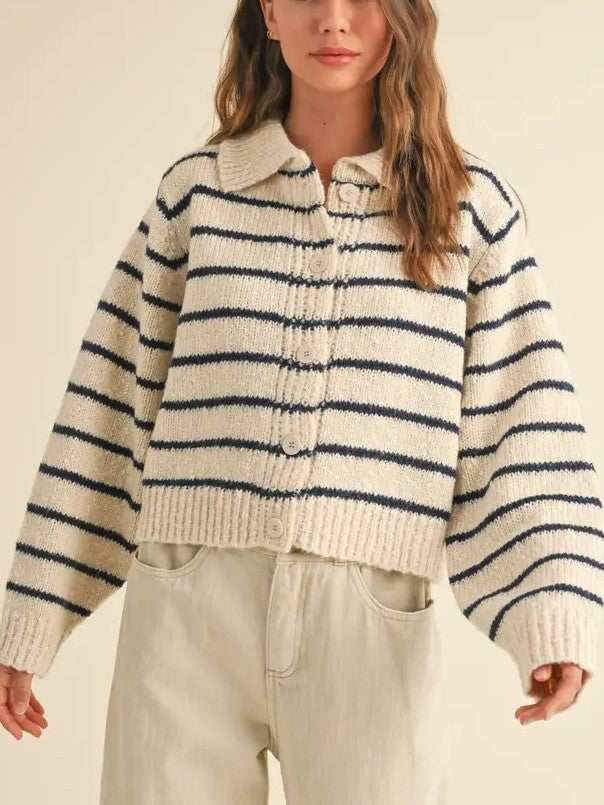 Collared Stripe Cardigan, Olive