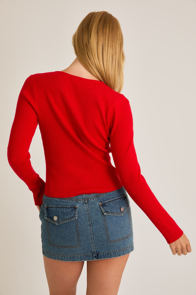 Long Sleeve Bow Ribbed Knit Top, Red