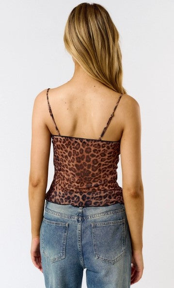 Leopard Mesh Scalloped Cami, Brown