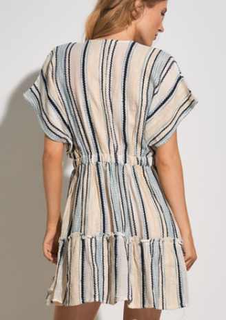 Short Sleeve Striped Mini Dress, Natural Blue