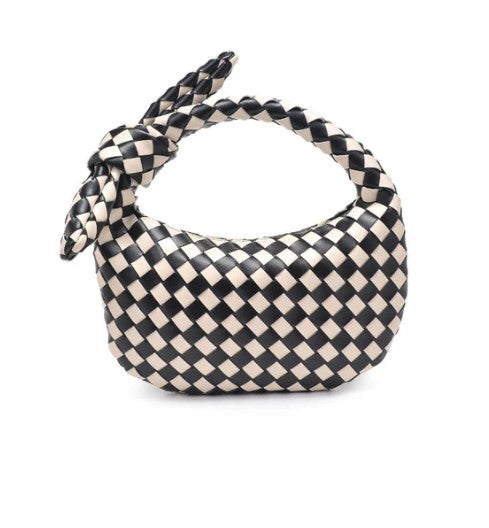 Lizbeth Checkered Tie Handbag, Black/Ivory