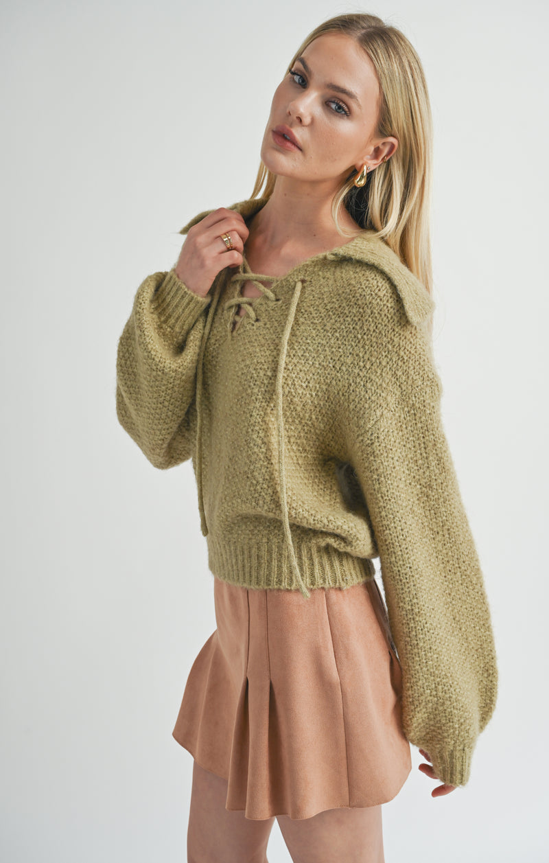 Sophia Lace up V-Neck Sweater, Sage