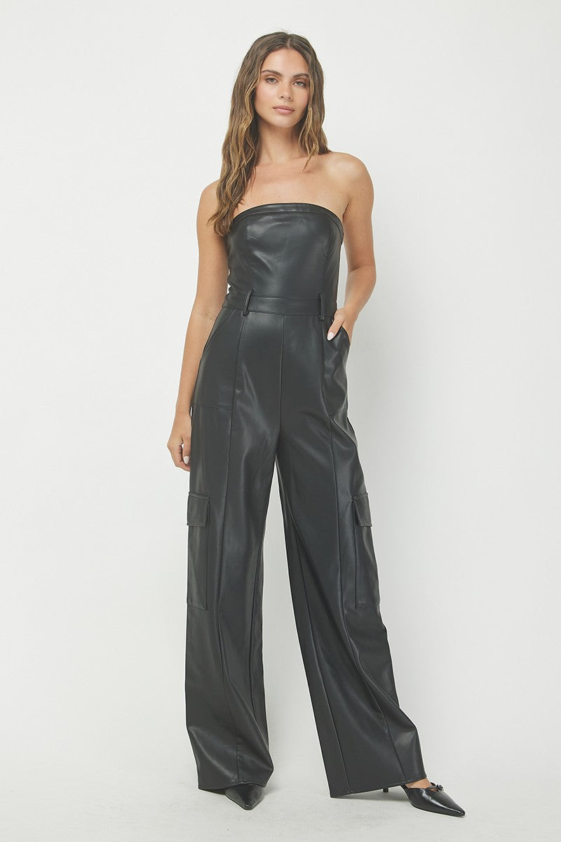 Strapless Leather Jumpsuit, Black