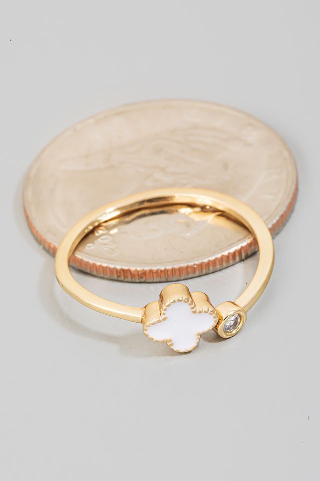 CZ Stud And Clover Open Ring, Gold/White