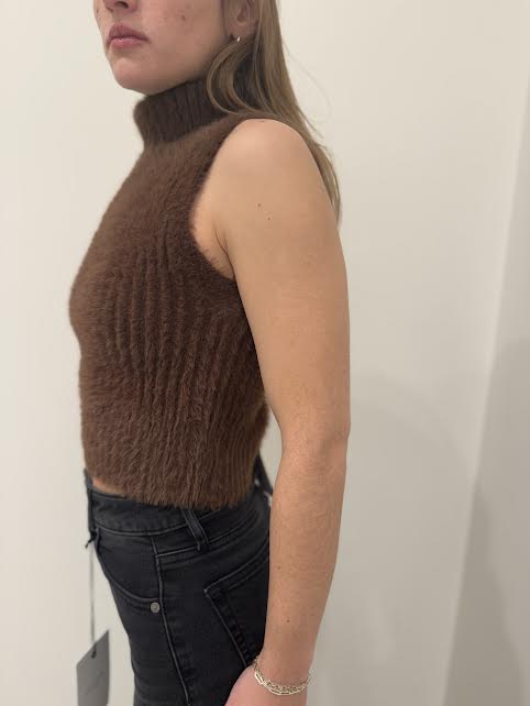 Sleeveless Mohair Turtleneck Sweater, Brown