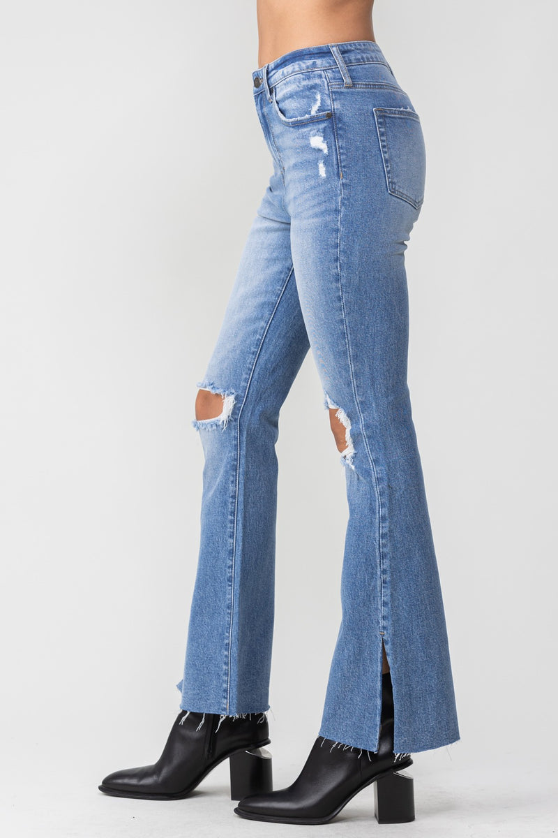 High Rise Distressed Flare Jean With Slit