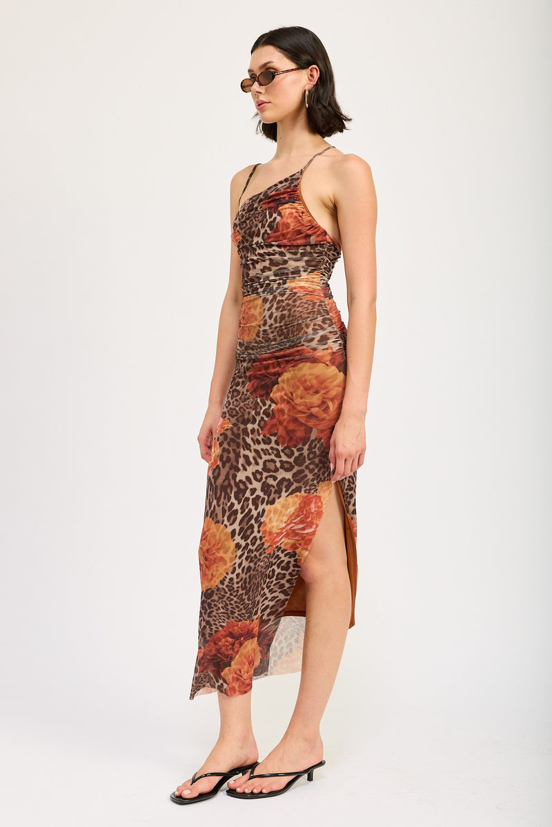 Mesh Print One Shoulder Midi Dress, Leopard/Orange