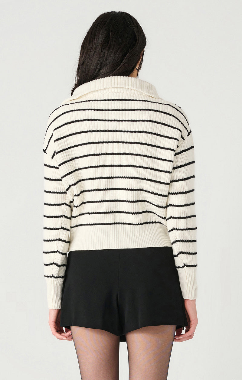 Half Zip Textured Stripe Sweater, White/Black Stripe