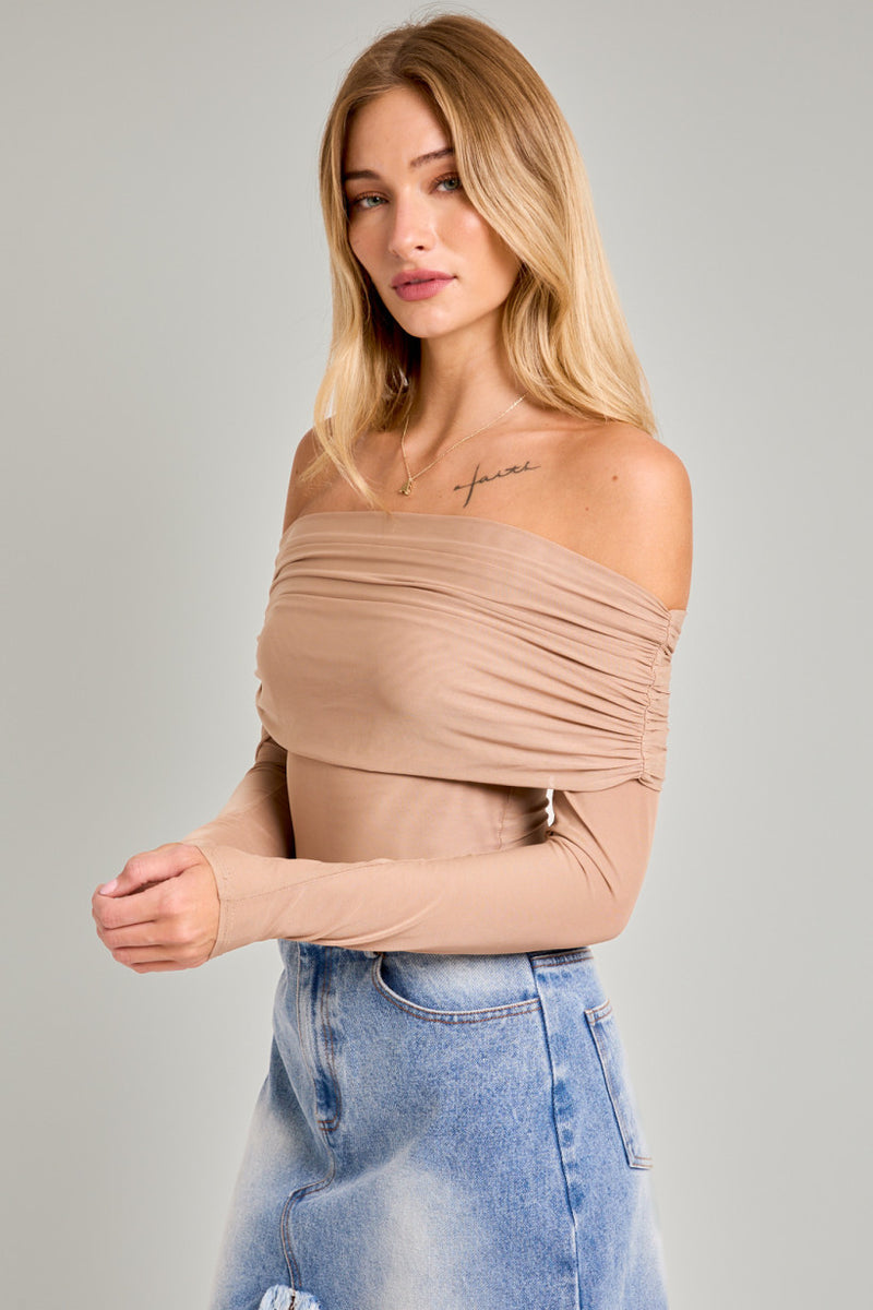 Off Shoulder Mesh Bodysuit, Taupe