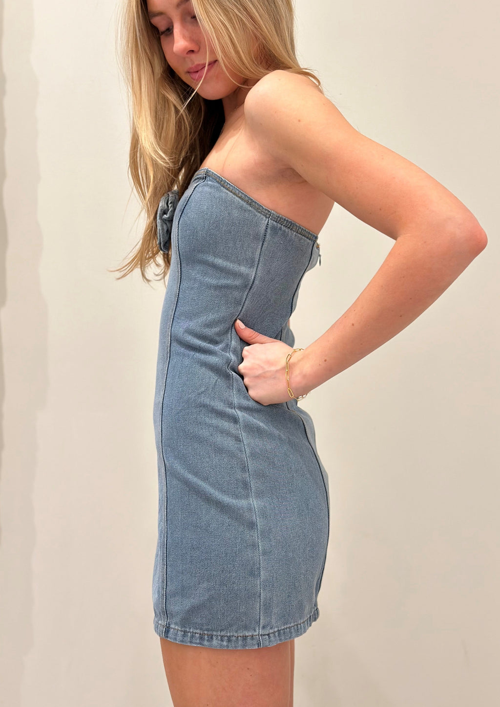 Sleeveless Mini Rosette Dress, Denim