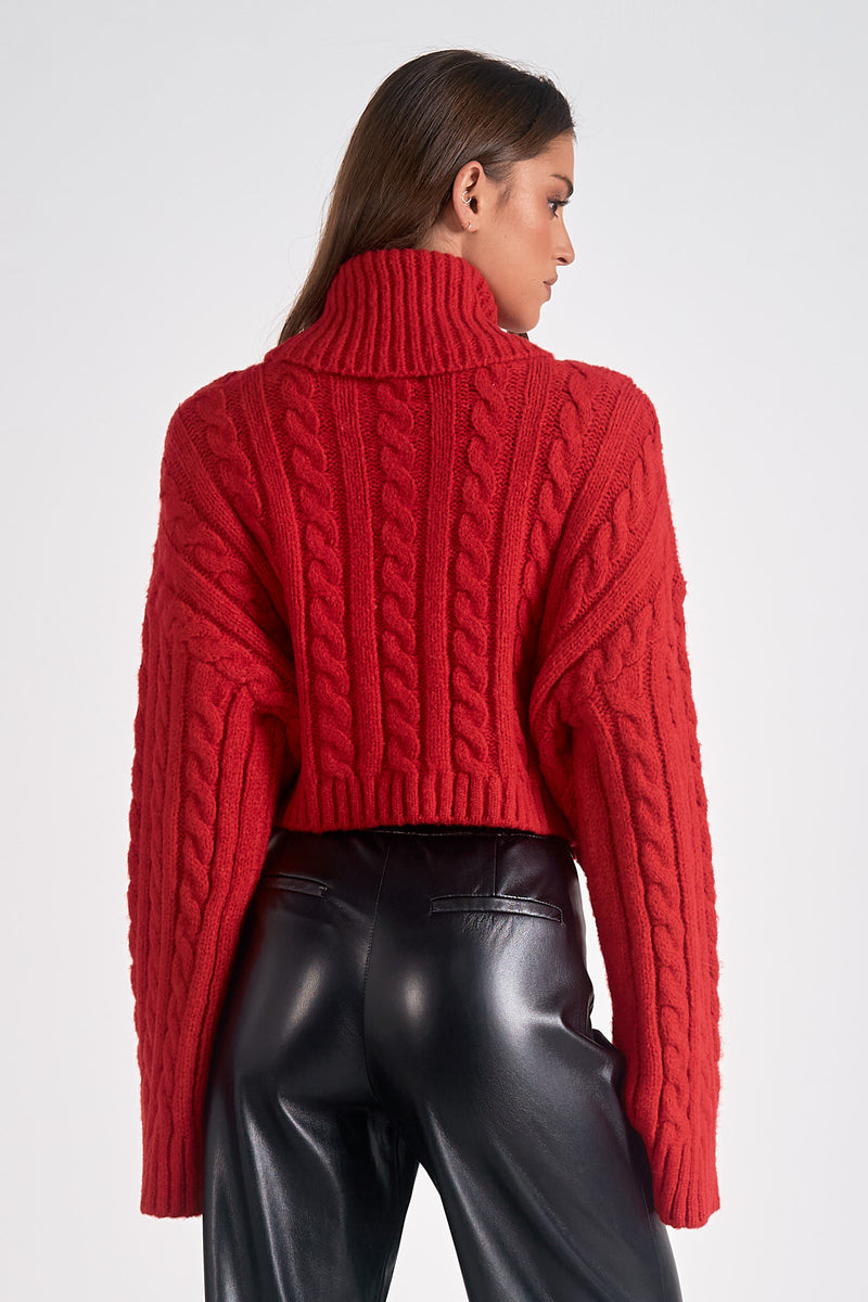 Cable Knit Turtleneck Sweater, Red