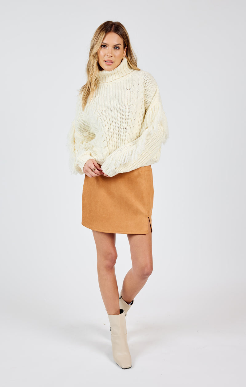 Carter Fringe Sleeve Turtleneck Sweater, Ivory