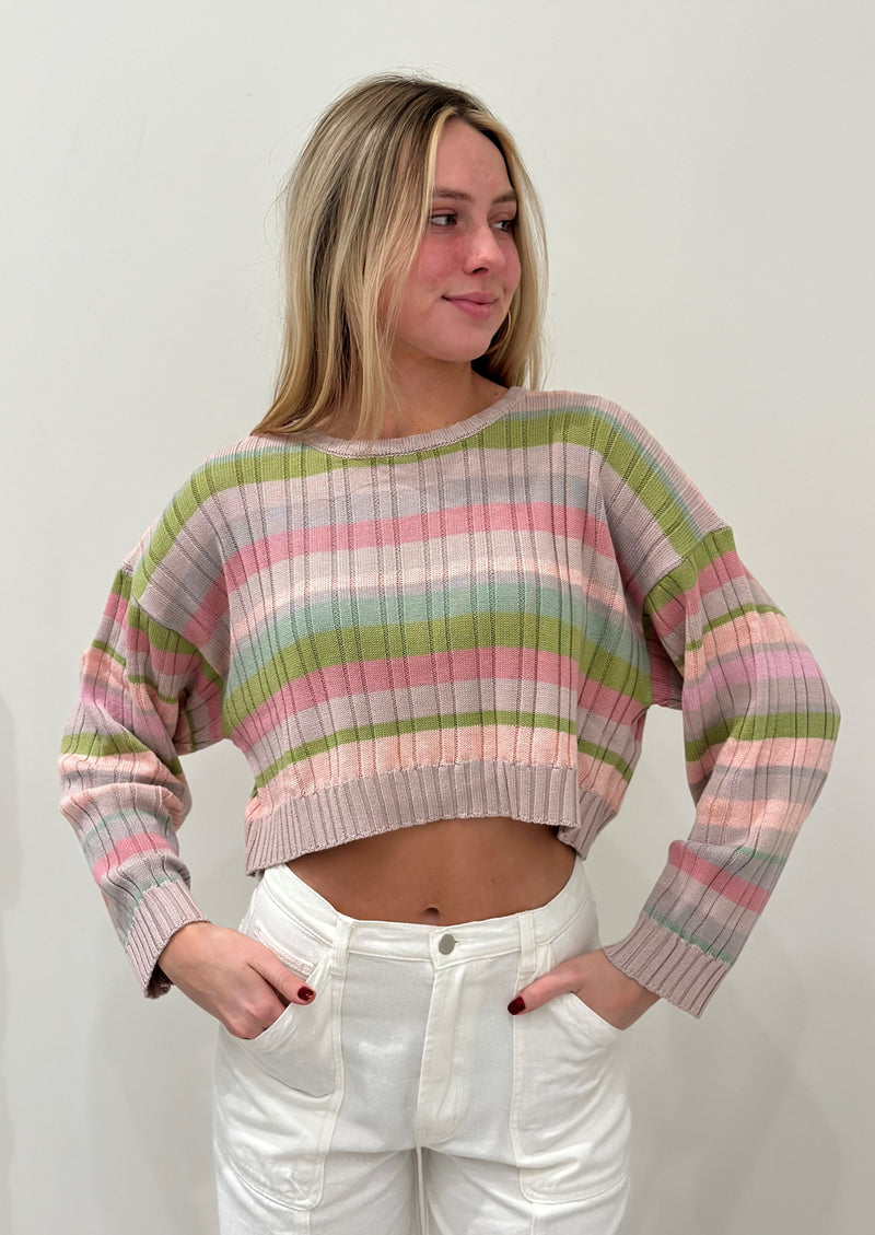 Ribbed Stripe Crop Sweater, Pink Multi