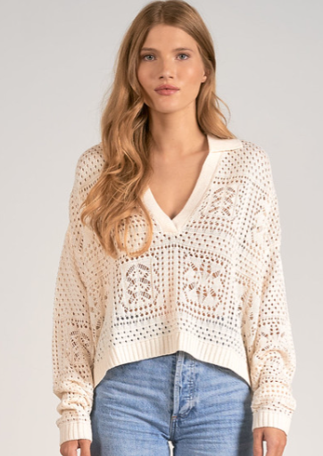 Long Sleeve Crochet Top, Off White