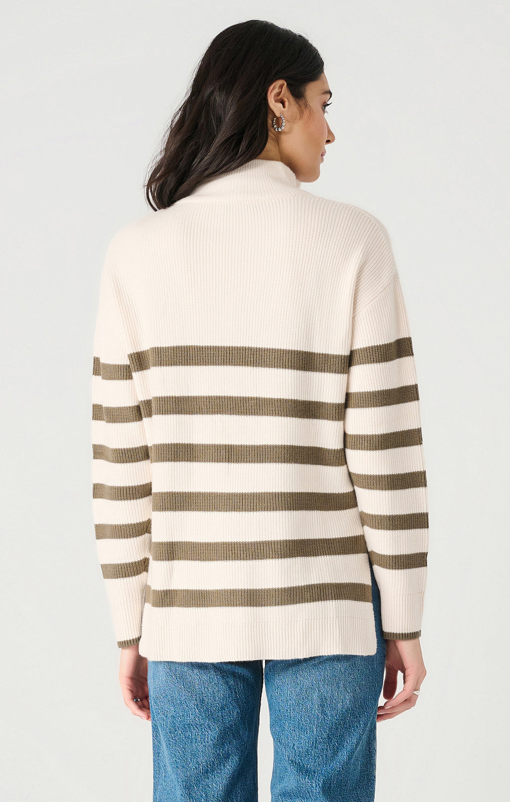 Long Sleeve Half Zip Sweater, Cream/Green Stripe