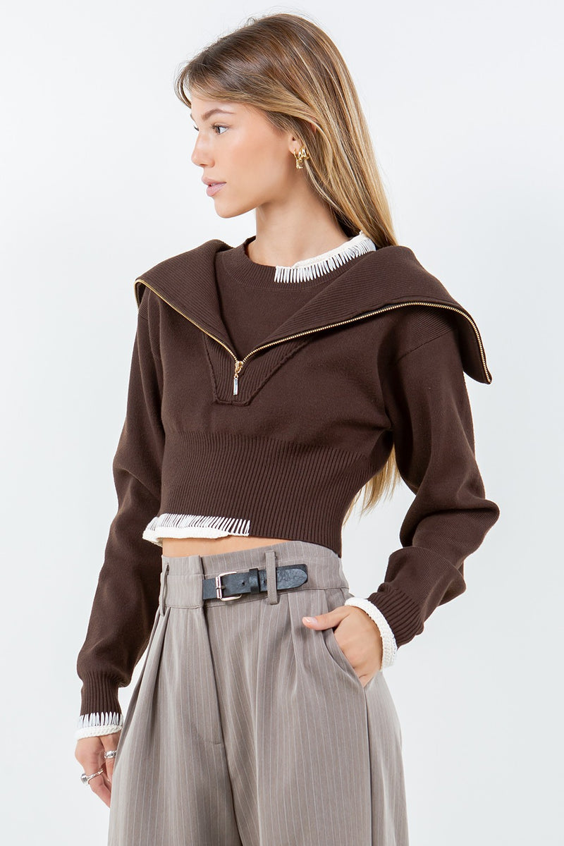 Double Layer Contrast Zip Up Sweater, Brown