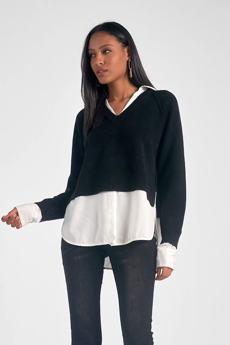 Long Sleeve Vneck Sweater Shirt Combo, Black