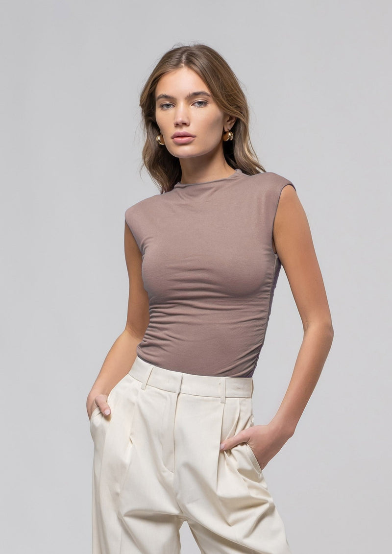 Sleeveless High Neck Knit Top, Taupe