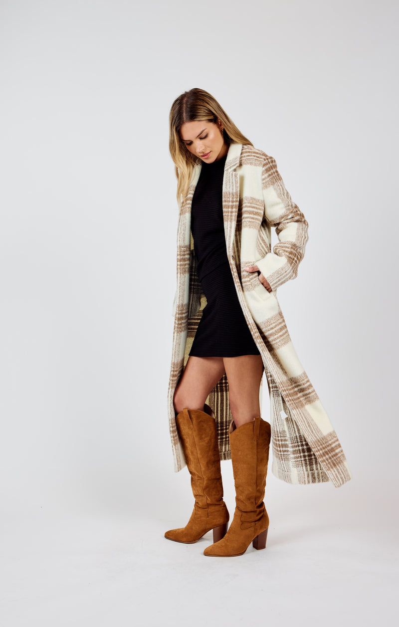 Zella Plaid Buttoned Long Coat, Ivory Multi