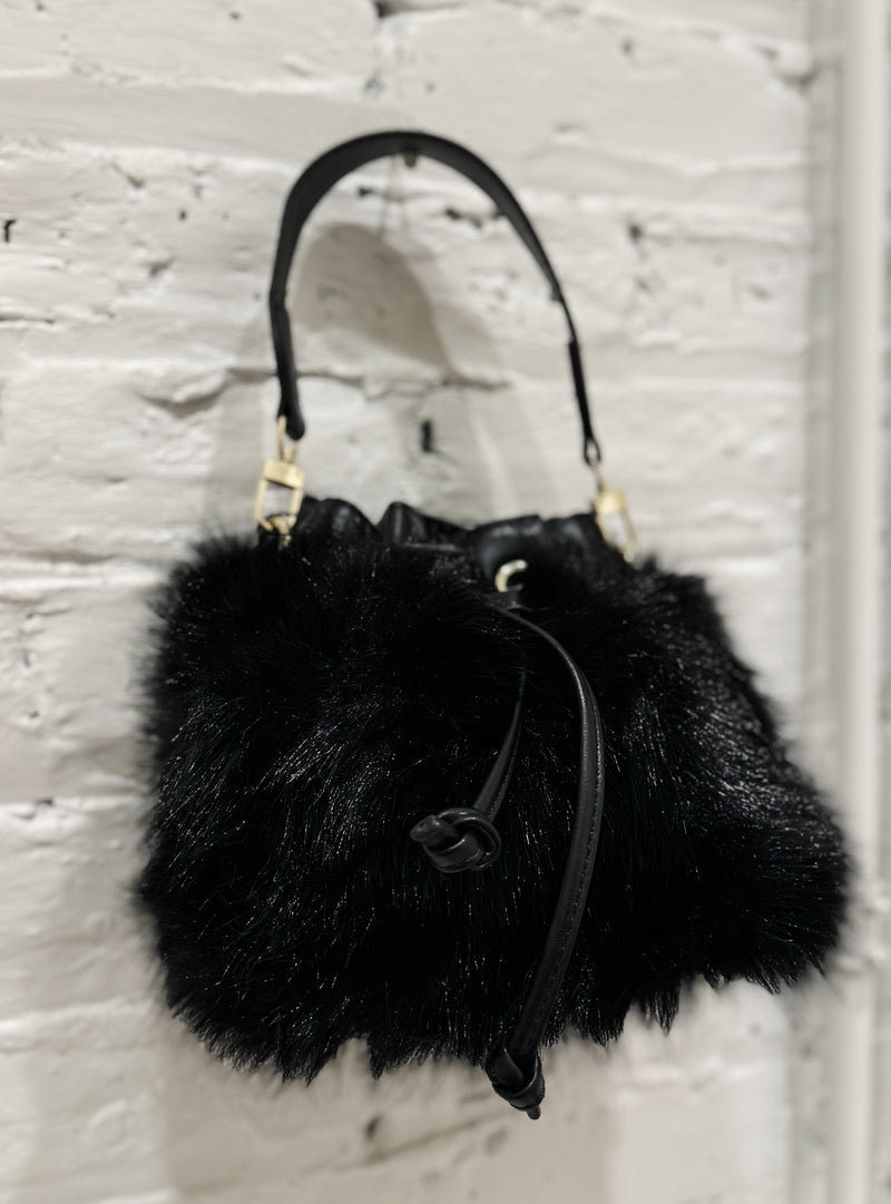 Mini Faux Fur Bucket Bag, Black