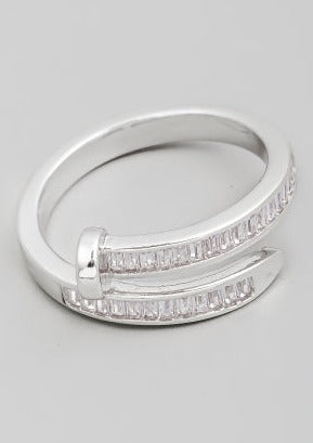 Baguette Pave Nail Band Ring, Silver