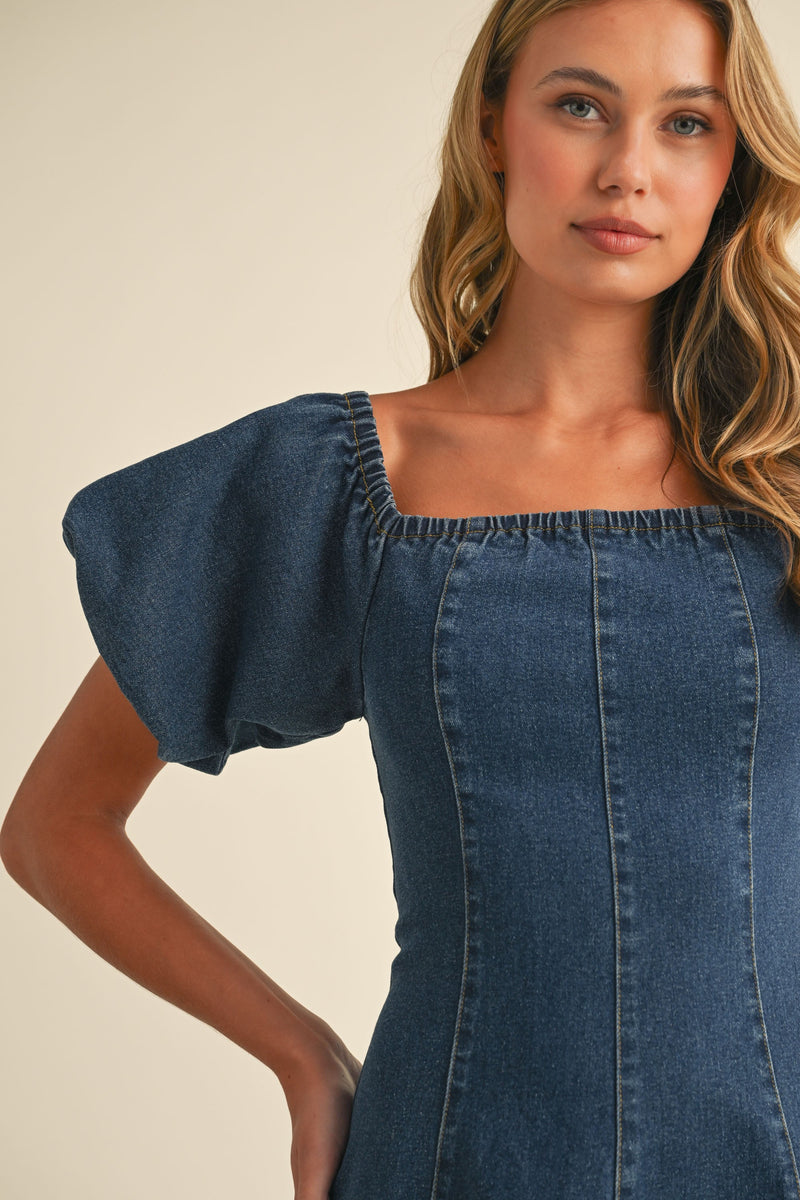 Off Shoulder Denim Puff Sleeve Midi Dress, Denim