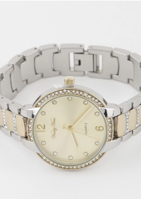 Jeweled Two Tone Watch, Silver/Gold