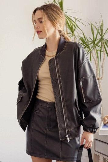 Oversized Faux Leather Bomber, Dark Brown