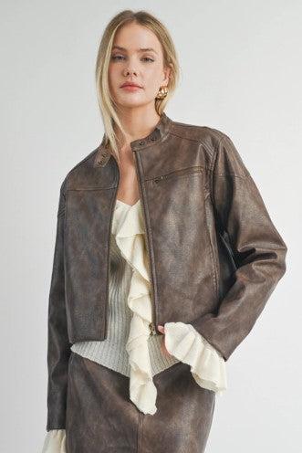 Vegan Leather Biker Jacket, Chocolate