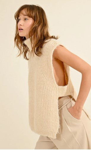 Turtleneck Sleeveless Open Sweater, Off White