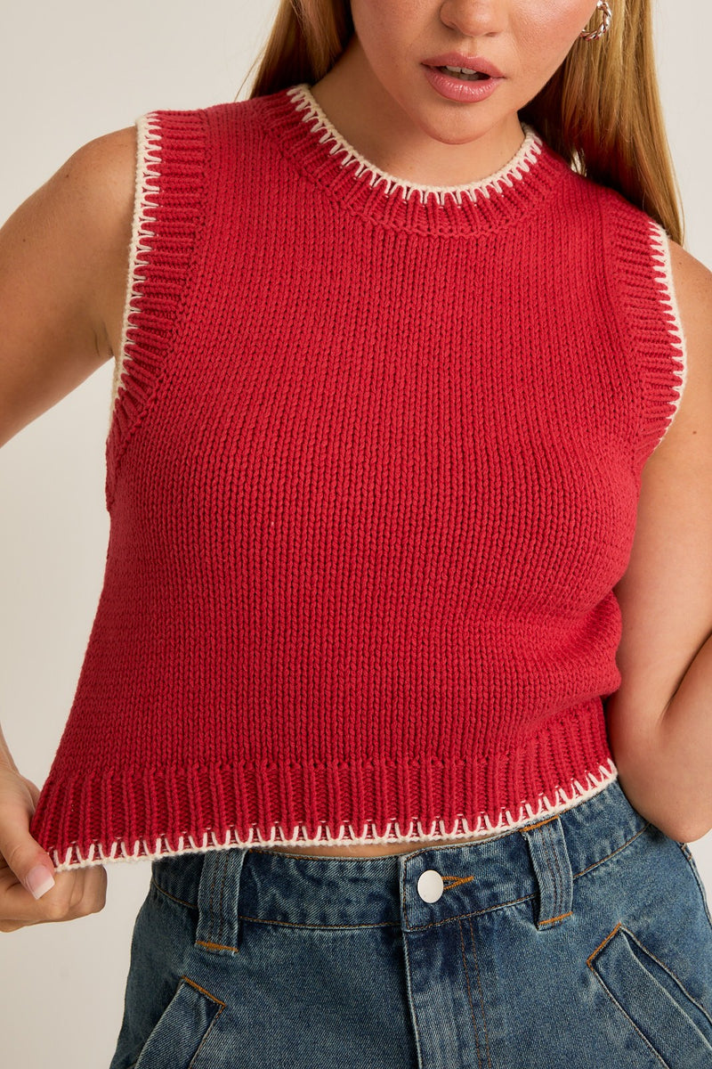 Contrast Sweater Vest, Red